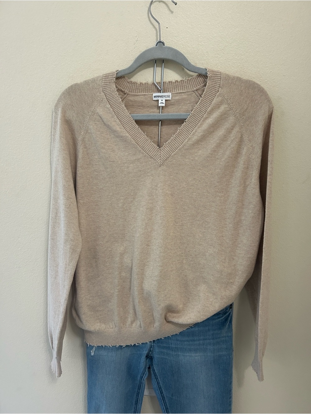 Minnie Rose cotton cashmere Frayed Edge V-neck
